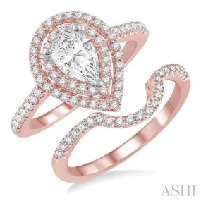 1 1/5 Ctw Diamond Wedding Set in 14K With 1 Ctw Pear Shape Engagement Ring in Rose and White Gold and 1/5 Ctw U-Cut Center Wedding Band in Rose Gold 1 1/5 Ctw Diamond Wedding Set in 14K With 1 Ctw Pear Shape Engagement Ring in Rose and White Gold and 1/5 Ctw U-Cut Center Wedding Band in Rose Gold