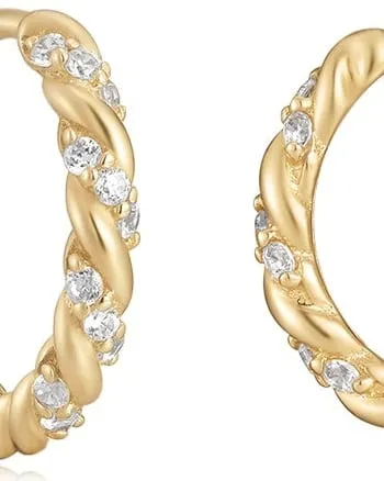 14K Gold & Diamond Twisted Huggie Hoops Gold | Gold