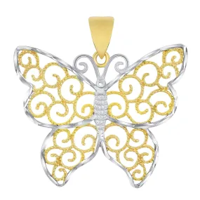 14k Gold Open Filigree Two-Tone Filigree Butterfly Pendant - Yellow Gold 14k Gold Open Filigree Two-Tone Filigree Butterfly Pendant - Yellow Gold