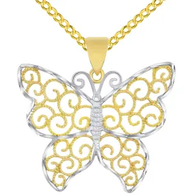 14k Gold Open Filigree Two-Tone Infinity Butterfly Pendant Curb Chain Necklace - Yellow Gold 14k Gold Open Filigree Two-Tone Infinity Butterfly Pendant Curb Chain Necklace - Yellow Gold