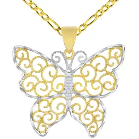 14k Gold Open Filigree Two-Tone Infinity Butterfly Pendant Figaro Chain Necklace - Yellow Gold 14k Gold Open Filigree Two-Tone Infinity Butterfly Pendant Figaro Chain Necklace - Yellow Gold