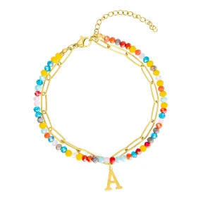 14k Gold Plated Adjustable Layered Color Beads and Paperclip Chain Initial Bracelet 14k Gold Plated Adjustable Layered Color Beads and Paperclip Chain Initial Bracelet