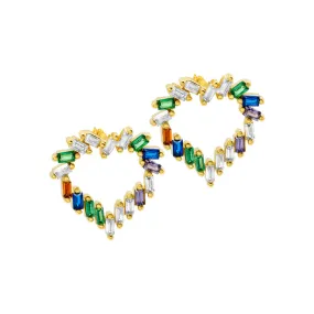 14k Gold Plated Rainbow Baguette Open Heart Studs Earrings 14k Gold Plated Rainbow Baguette Open Heart Studs Earrings