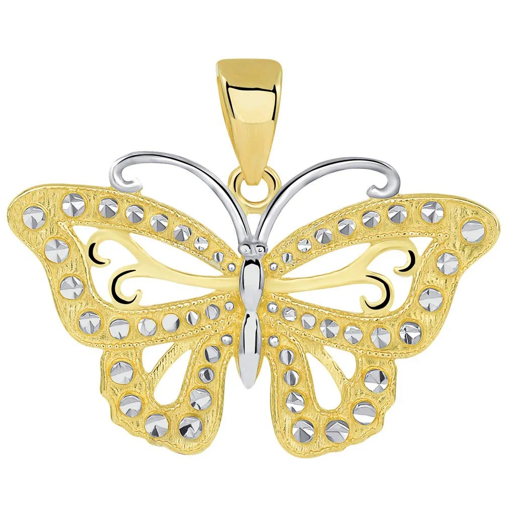 14k Solid Gold Budded Butterfly Pendant with Cuban Necklace - Yellow Gold