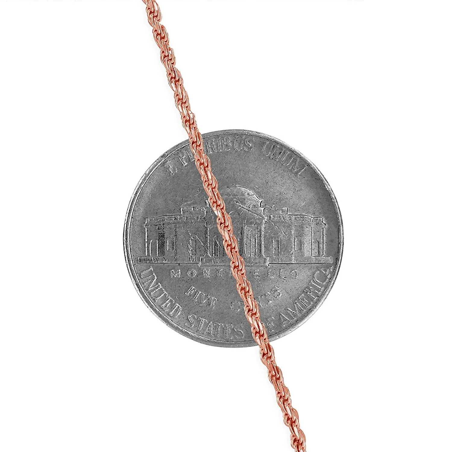 14kt Rose Gold Plated Sterling Silver 1.3mm Diamond-Cut Rope Chain Necklace Nickel-Free, 14-36Inch