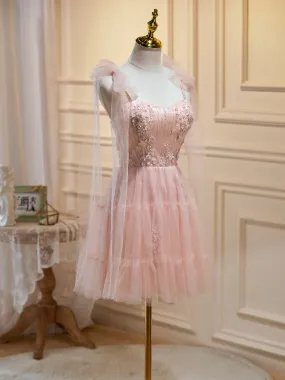 A Line Sweetheart Neck Pink Short Prom Dresses, Formal Puffy Pink Homecoming Dress with Lace Applique Beading A Line Sweetheart Neck Pink Short Prom Dresses, Formal Puffy Pink Homecoming Dress with Lace Applique Beading