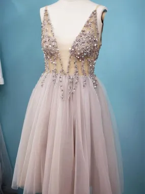A Line V Neck Short Gray Beaded Prom Dresses, Short Grey Formal Homecoming Dress with Beading A Line V Neck Short Gray Beaded Prom Dresses, Short Grey Formal Homecoming Dress with Beading