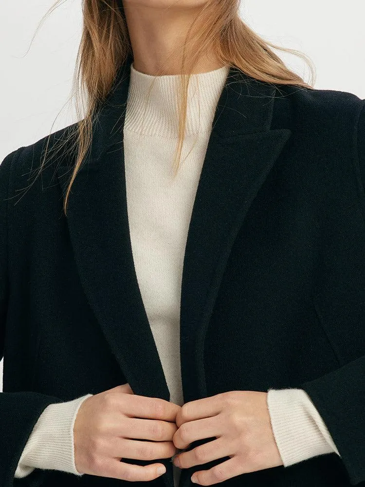 Black Mulberry Silk Wool Lapel Collar Coat