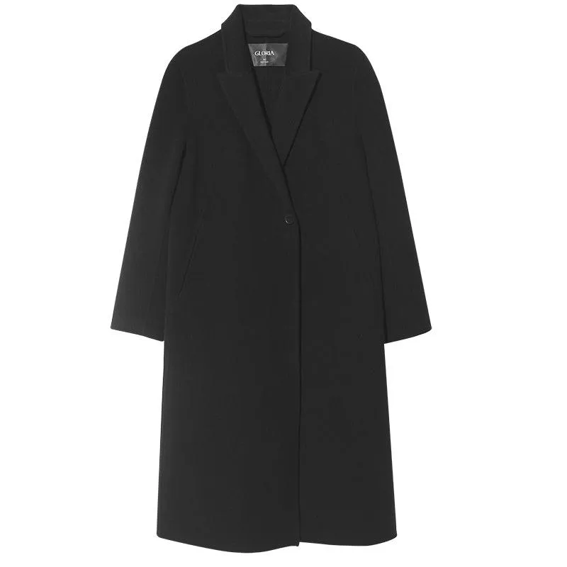 Black Mulberry Silk Wool Lapel Collar Coat