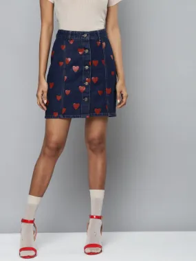 Blue Denim Red Heart Print Mini Skirt Blue Denim Red Heart Print Mini Skirt