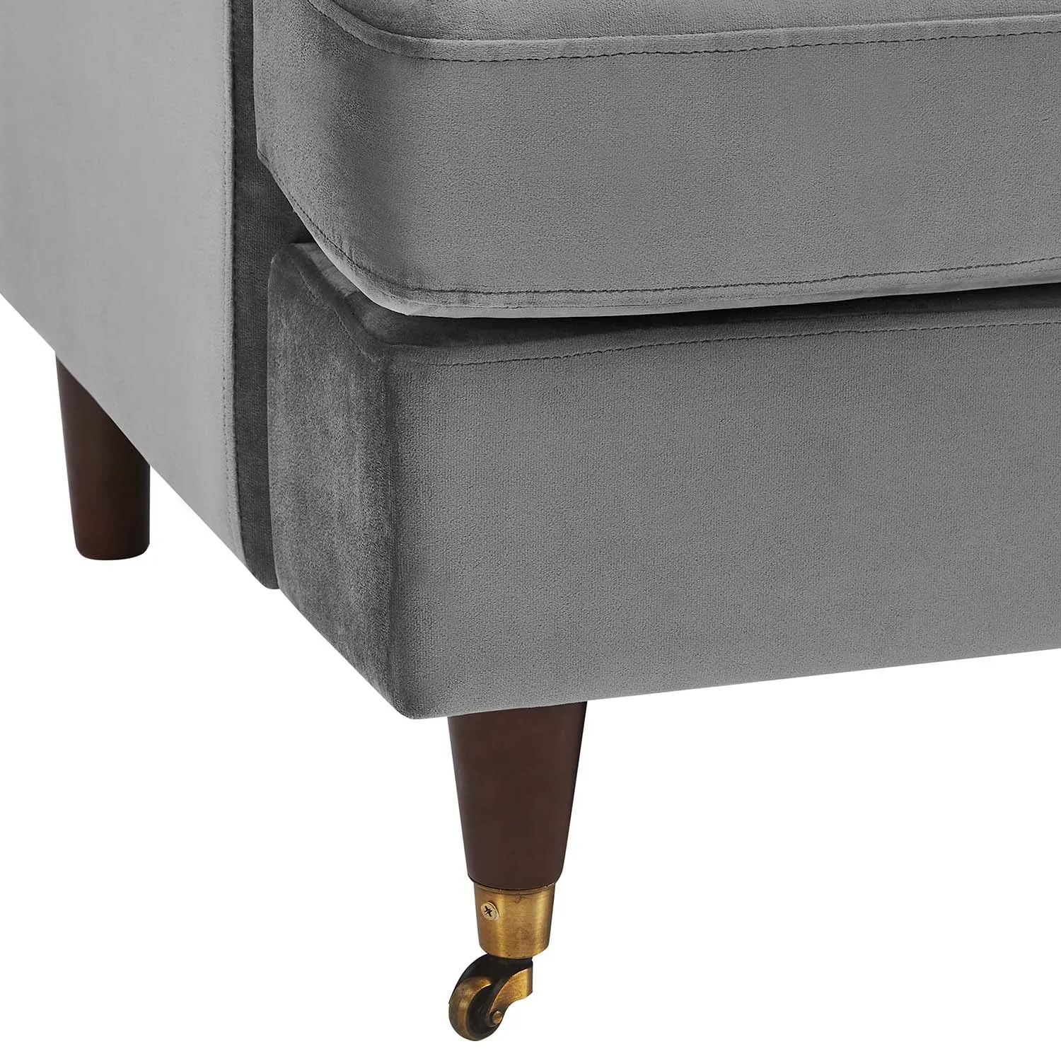 Brigette 3-Seater Grey Velvet Sofa with Antique Brass Castor Legs