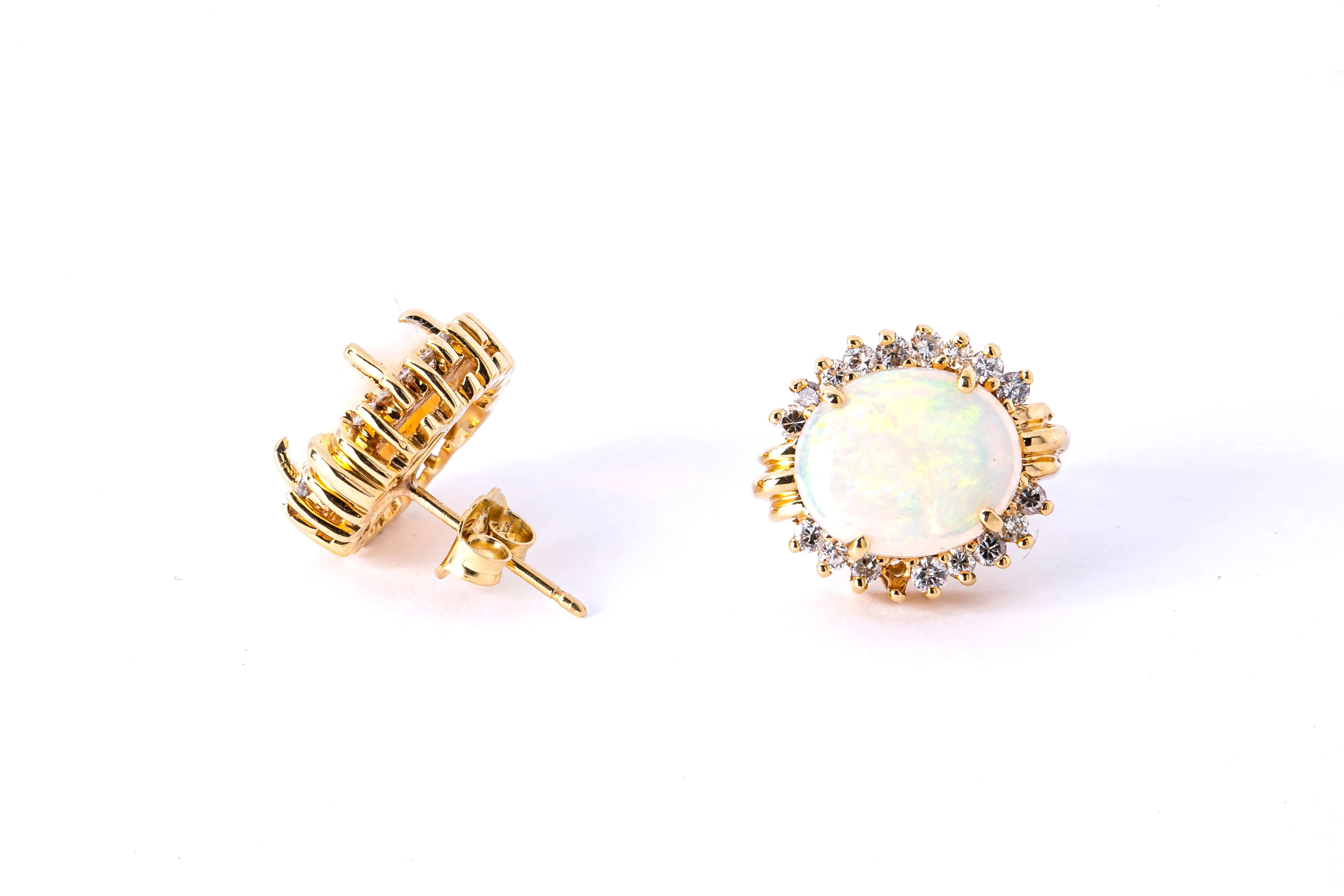 Cabochon Opal & Diamond Halo Accent Studs 14K 585 Yellow Gold Pair of Earrings