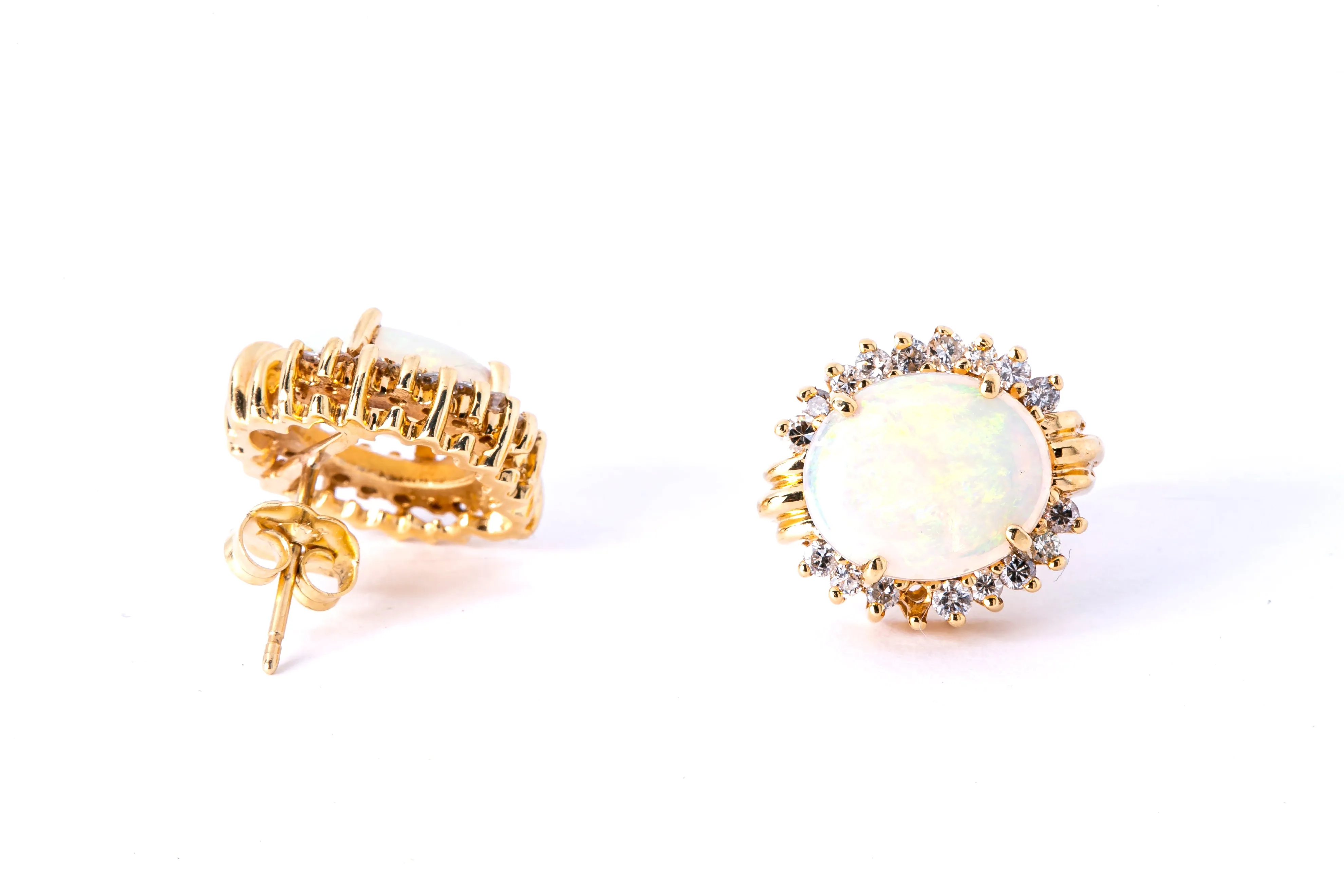 Cabochon Opal & Diamond Halo Accent Studs 14K 585 Yellow Gold Pair of Earrings