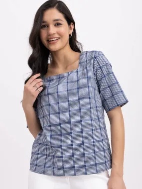 Cotton Square Neck Top - Navy Blue And Off White Cotton Square Neck Top - Navy Blue And Off White