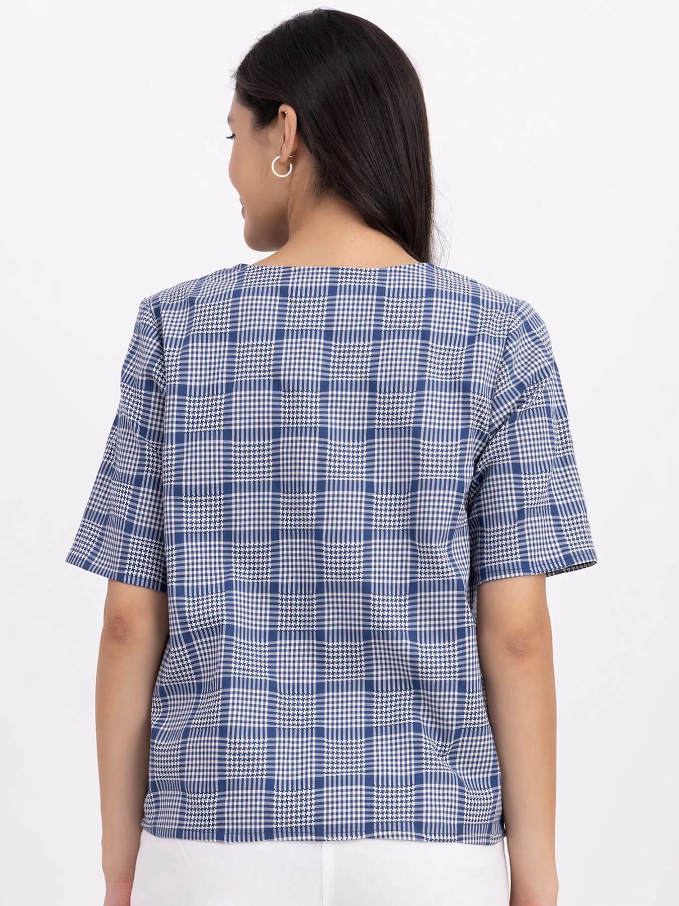 Cotton Square Neck Top - Navy Blue And Off White