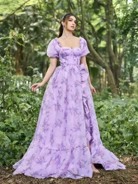 Elegant Sweetheart Neck Ruffle Trim Puff Sleeves Floral Organza Prom Dress Elegant Sweetheart Neck Ruffle Trim Puff Sleeves Floral Organza Prom Dress