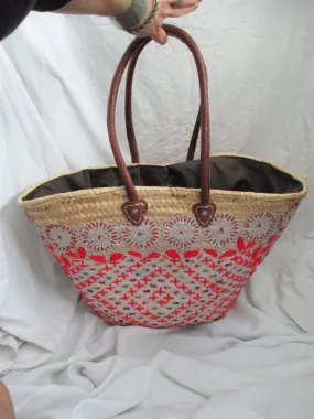 Embroidered Woven Basket Bucket TOTE Bag NATURAL Shopper Market Summer Purse Embroidered Woven Basket Bucket TOTE Bag NATURAL Shopper Market Summer Purse