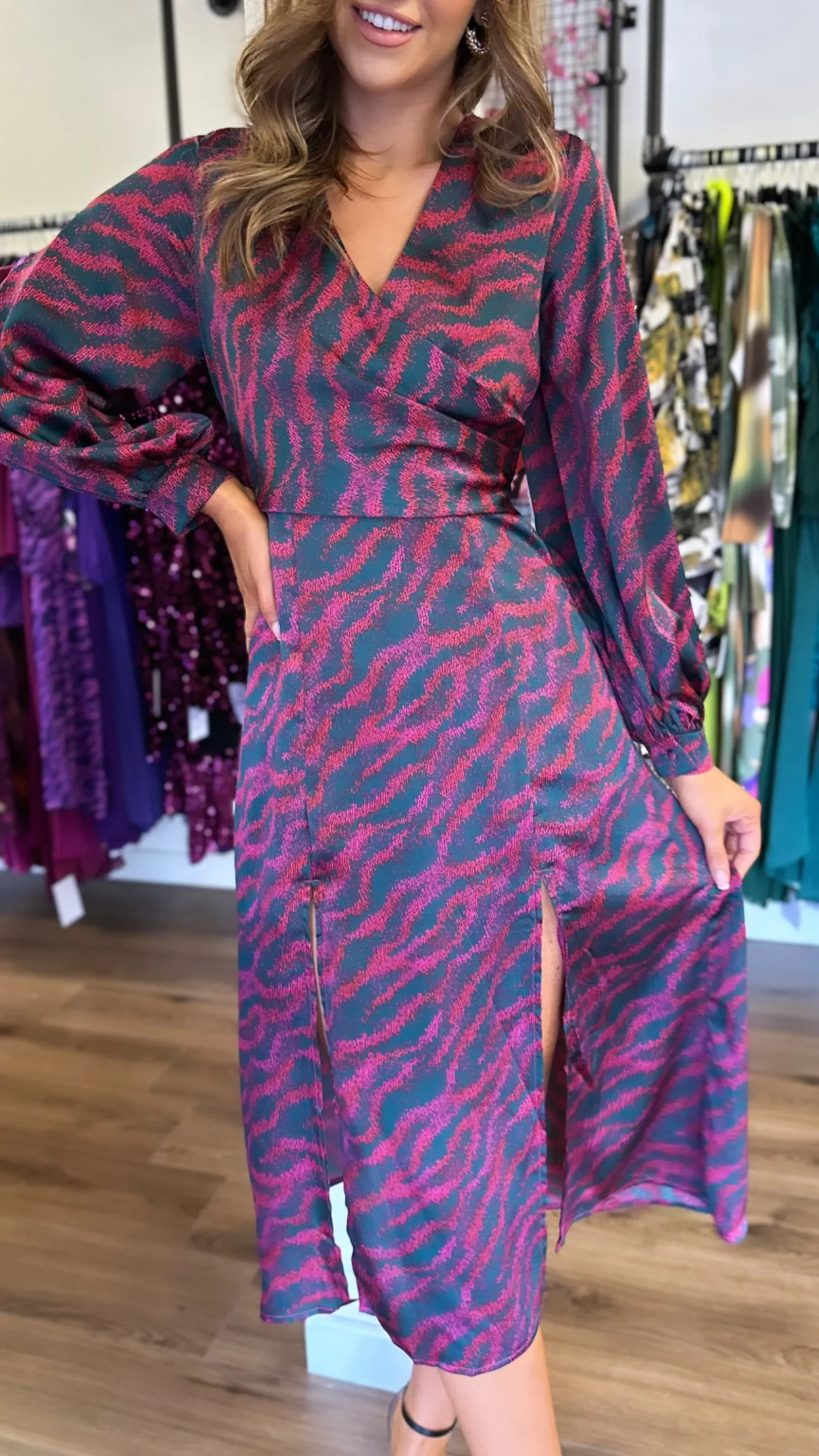 Fallon Purple Multi Print Long Sleeve Midi Dress