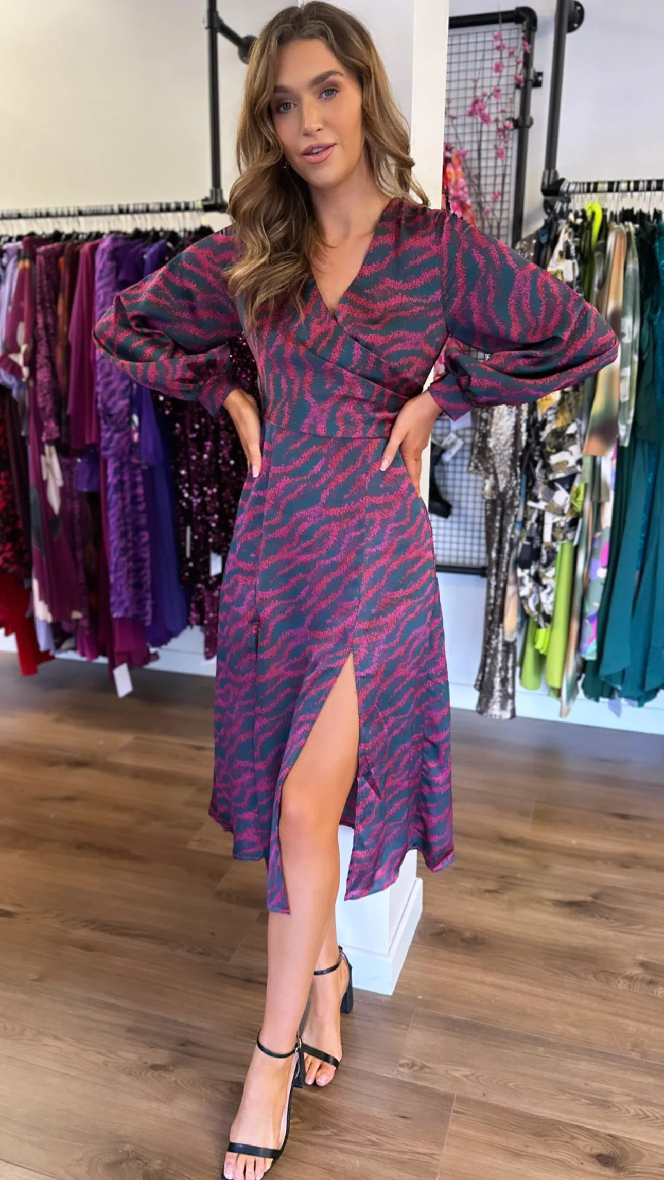 Fallon Purple Multi Print Long Sleeve Midi Dress