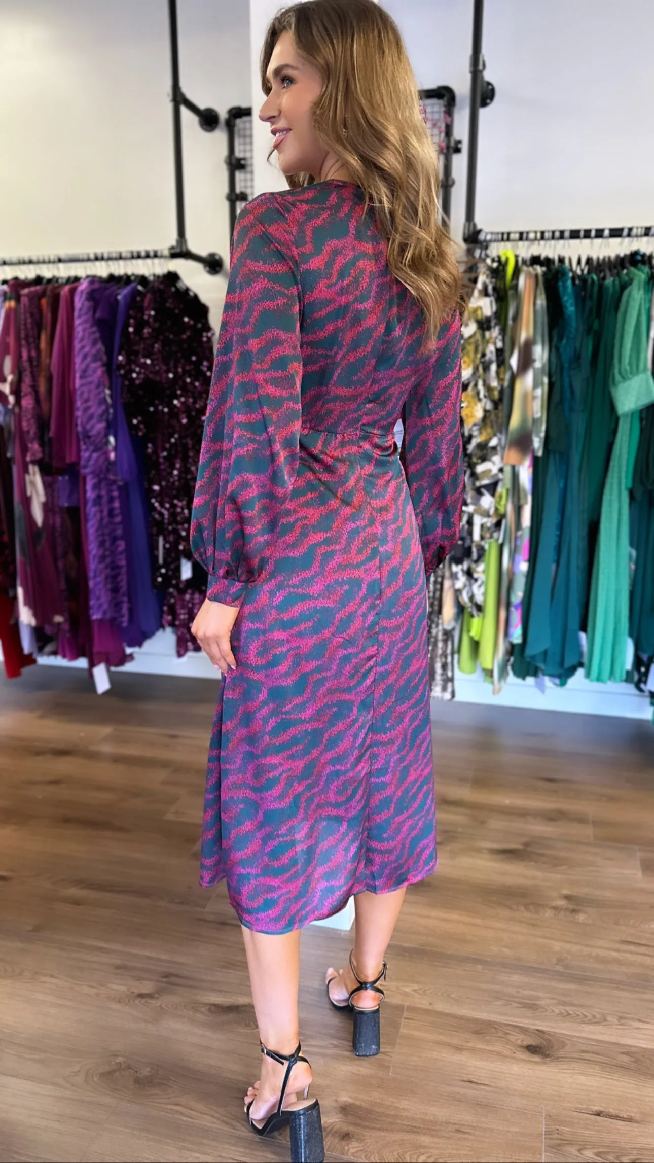 Fallon Purple Multi Print Long Sleeve Midi Dress