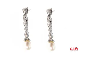 Floral Milgrain Accent Pearl & Diamond Drop 14K 585 White Gold Pair Earrings Floral Milgrain Accent Pearl & Diamond Drop 14K 585 White Gold Pair Earrings
