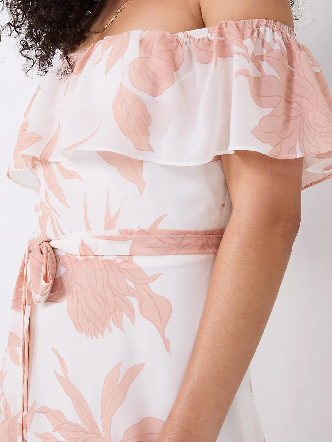 Floral Print Off-The-Shoulder Chiffon Midi Dress