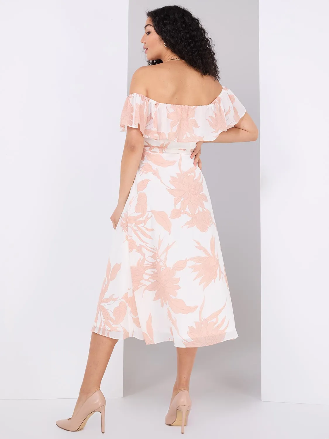 Floral Print Off-The-Shoulder Chiffon Midi Dress
