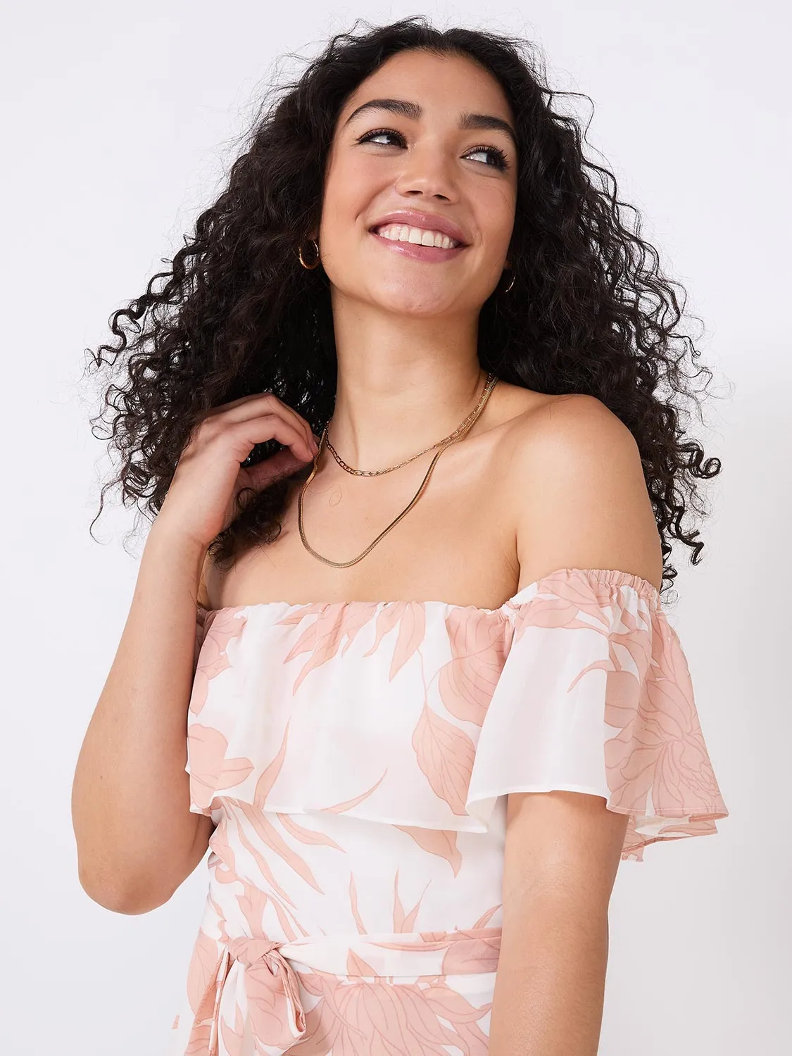 Floral Print Off-The-Shoulder Chiffon Midi Dress