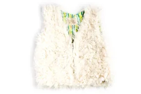Girls White Faux Fur Vest | Flower Stripes Blue Girls White Faux Fur Vest | Flower Stripes Blue