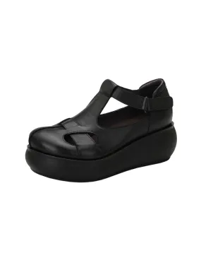 Handmade Retro Leather  T-strap Wedge Sandals Handmade Retro Leather  T-strap Wedge Sandals