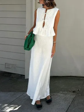 Linen Ruffles Lace Up Top & Long Skirt Set Linen Ruffles Lace Up Top & Long Skirt Set