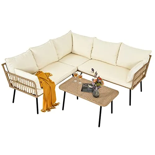 Outdoor Rattan Woven Conversation Sectional L-Shaped Sofa