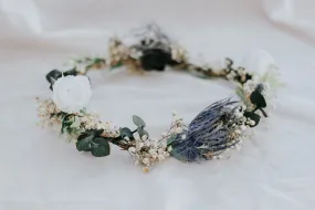 Real Dried Thistle Crown, Dried Eucalyptus and Preserved White Roses with Thistles Crown, Boho Flower Crown , Bridal Crown Real Dried Thistle Crown, Dried Eucalyptus and Preserved White Roses with Thistles Crown, Boho Flower Crown , Bridal Crown