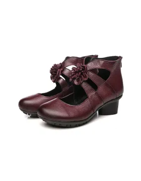 Retro Leather Flower Summer Chunky Heels Retro Leather Flower Summer Chunky Heels