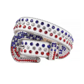 Rhinestone White Strap With Red & Blue Studded Belt Rhinestone White Strap With Red & Blue Studded Belt
