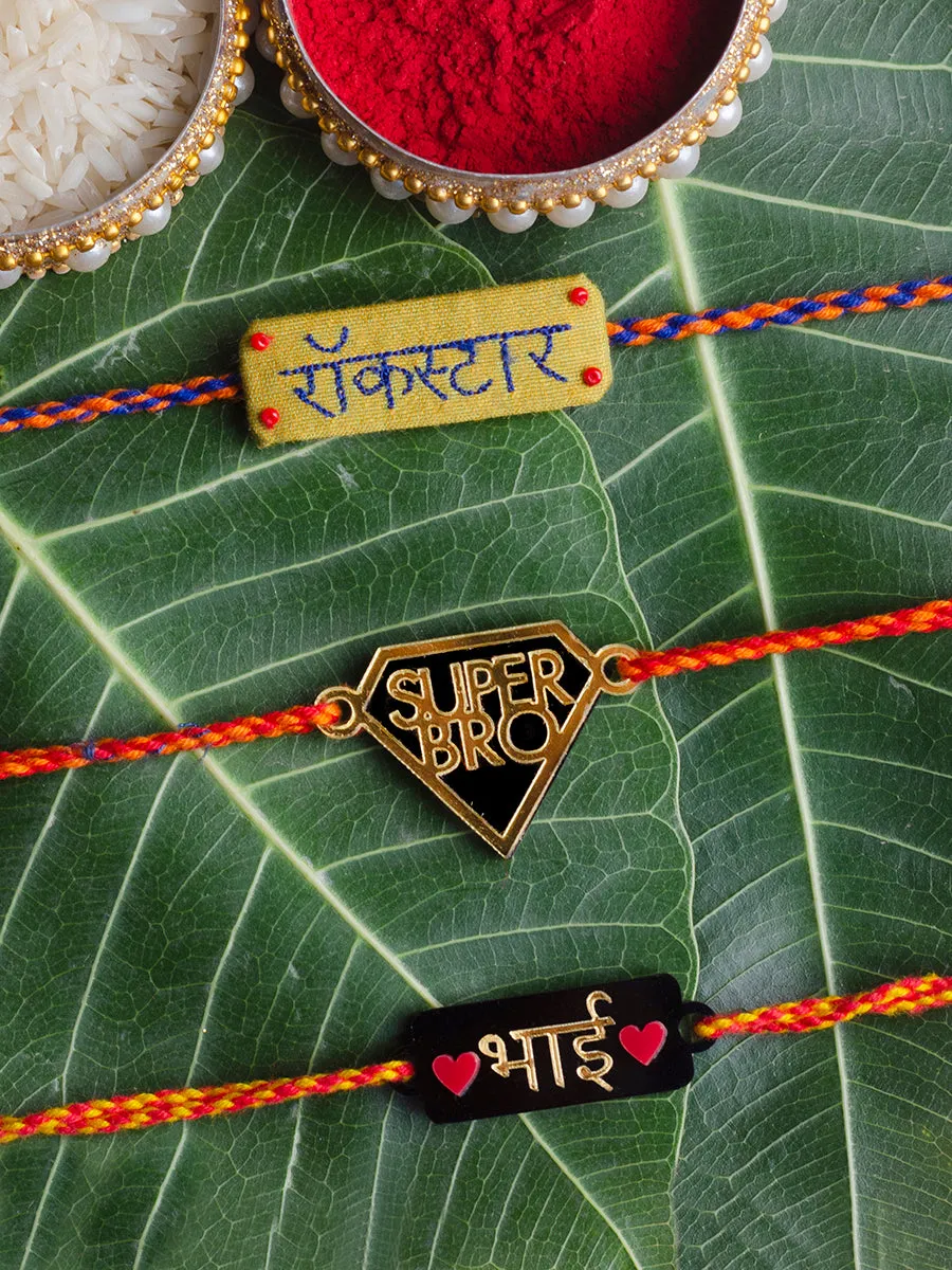 Rockstar   Super Bro   Bhai Heart Set of 3 Rakhis