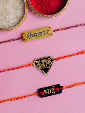 Rockstar   Super Bro   Bhai Heart Set of 3 Rakhis Rockstar   Super Bro   Bhai Heart Set of 3 Rakhis