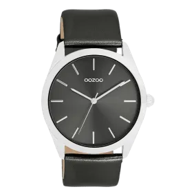 Silver coloured OOZOO watch with dark grey leather strap - C11338 Silver coloured OOZOO watch with dark grey leather strap - C11338