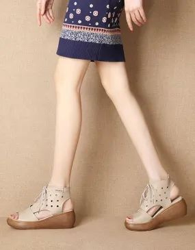 Summer Retro Leather Lace-Up Wedge Sandals Summer Retro Leather Lace-Up Wedge Sandals