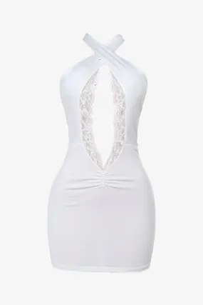White Lace Trim Halter Cutout Mini Dress White Lace Trim Halter Cutout Mini Dress